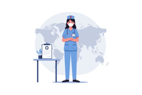Female Nurse in Blue Uniform Wearing Fac