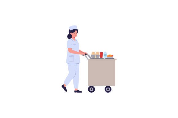 Nurse Pushing a Food Cart with Trays
