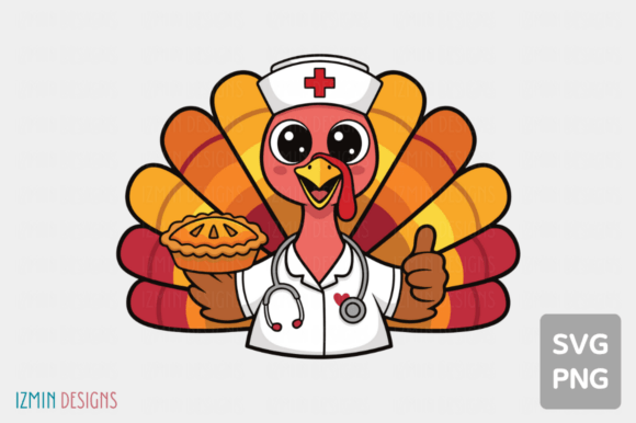 Nurse Turkey with Pie Thanksgiving Art